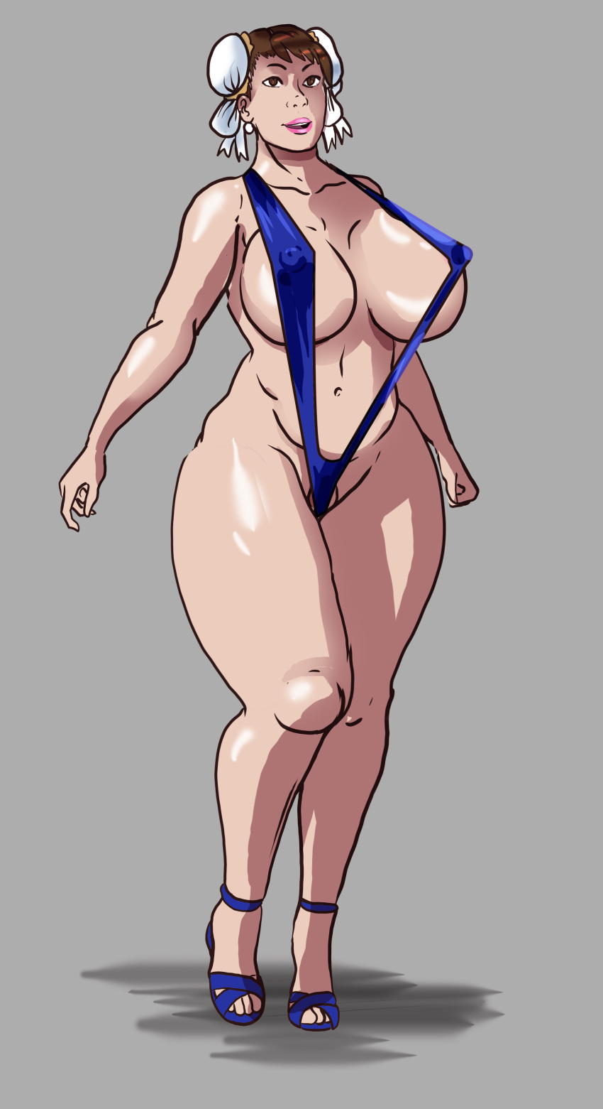 1girls absurdres bikini breasts brown_eyes brown_hair capcom chun-li covered_nipples erect_nipples female high_heels huge_breasts large_breasts open_toe_shoes plump simple_background sling_bikini smile solo street_fighter swimsuit vogol wide_hips