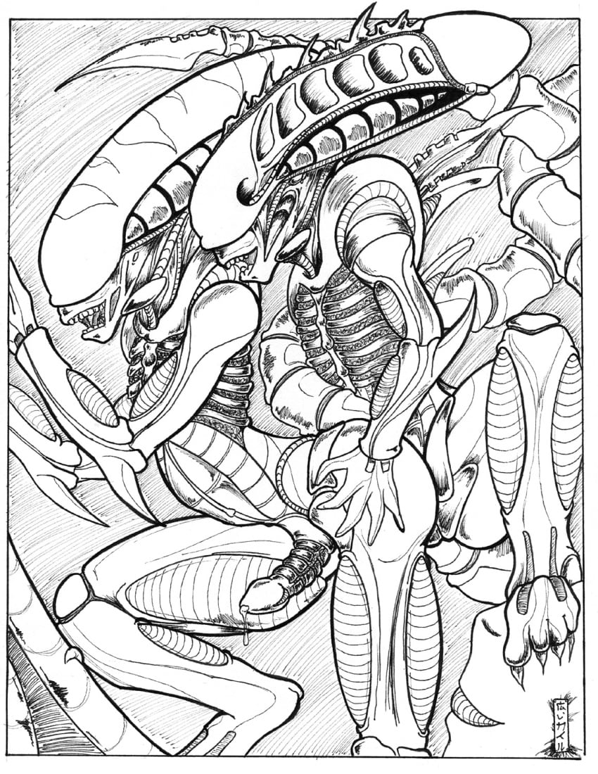 2boys alien alien_(franchise) anal anal_sex ass black_and_white erection gay glans male male_xenomorph monochrome nude open_mouth penetration penis precum sex size_difference smile syrinoth teeth text thrusting tube wide_hips xenomorph yaoi