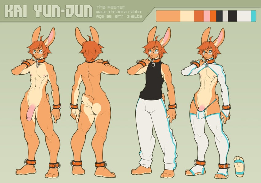 1boy 2016 anthro blue_eyes clothing collar elbow_gloves eyewear fetalstar glasses gloves hair humanoid_penis kai_yun-jun lagomorph legwear male male_only mammal model_sheet nude orange_hair penis pose rabbit rubber shackles solo stockings