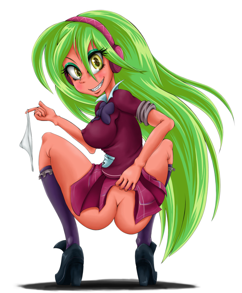 ass blush breasts covered_nipples equestria_girls eyeshadow female friendship_games friendship_is_magic frills green_hair grin headphones highres holding_panties human impossible_clothes lemon_zest long_hair looking_at_viewer looking_back makeup my_little_pony nipa panties panties_removed plaid plaid_skirt school_uniform skirt socks solo squatting underwear very_long_hair white_background white_panties