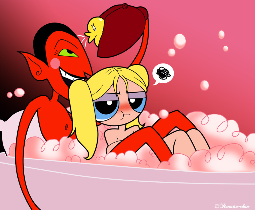 1boy 1boy1girl bubble_bath bubbles_(powerpuff_girls) female him hyper_eyes itanatsu-chan powerpuff_girls pun red_skin