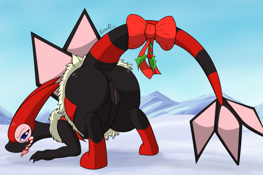 alternate_color anus ass bent_over big_butt black_skin blue_eyes bottomless bow candy candy_cane christmas claws clothed clothing digitigrade english_text fan_character female feral flygon food hi_res holidays kaida kuroodod looking_at_viewer membranous_wings mountain nintendo outside pokémon_(species) pokemon pokemon_(species) presenting presenting_hindquarters pussy red_skin ribbons robe signature snow solo text thick_thighs tongue tongue_out video_games wide_hips wings