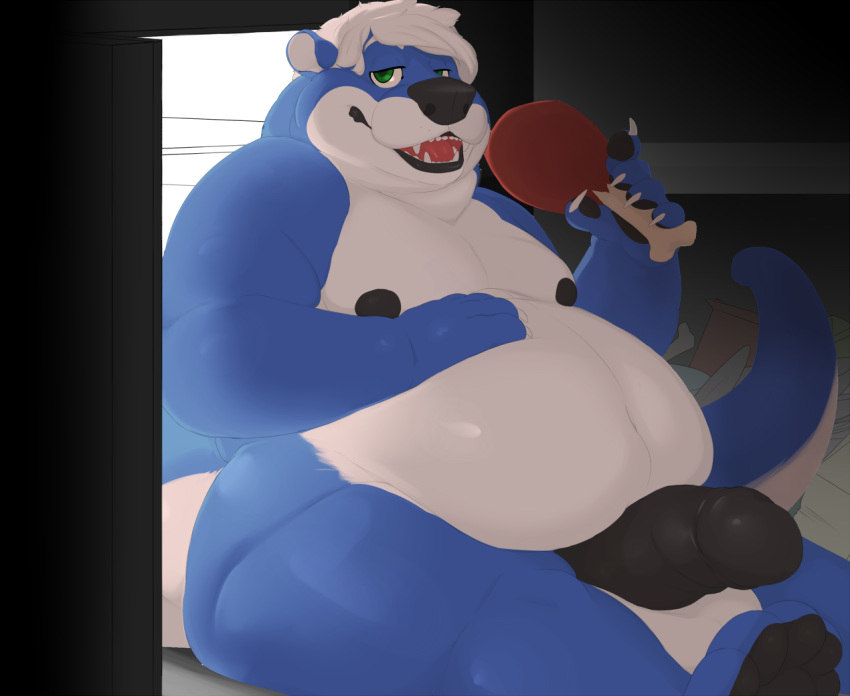 2016 anthro belly big_belly big_penis black_nipples black_nose black_penis blue_fur claws eating fangs food fridge fur green_eyes hair half-closed_eyes looking_at_viewer male male_only mammal moobs multicolored_fur mustelid nipples nude open_mouth otter overweight overweight_male penis sitting solo teeth thick_penis thunper two_tone_fur white_fur white_hair zaine