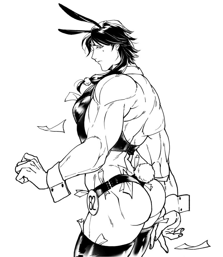 ass back_muscles bubble_butt bunny_boy bunny_ears bunny_tail bunnysuit dollar_bills embarrassed gaolang_wongsawat kengan_(series) kengan_ashura line_art long_hair_male looking_at_viewer looking_back low-tied_long_hair low_ponytail male male_only momen money money_under_clothes monochrome muscular muscular_male nervous ponytail screentone solo sweatdrop thighhighs tied_hair vest wrist_cuffs