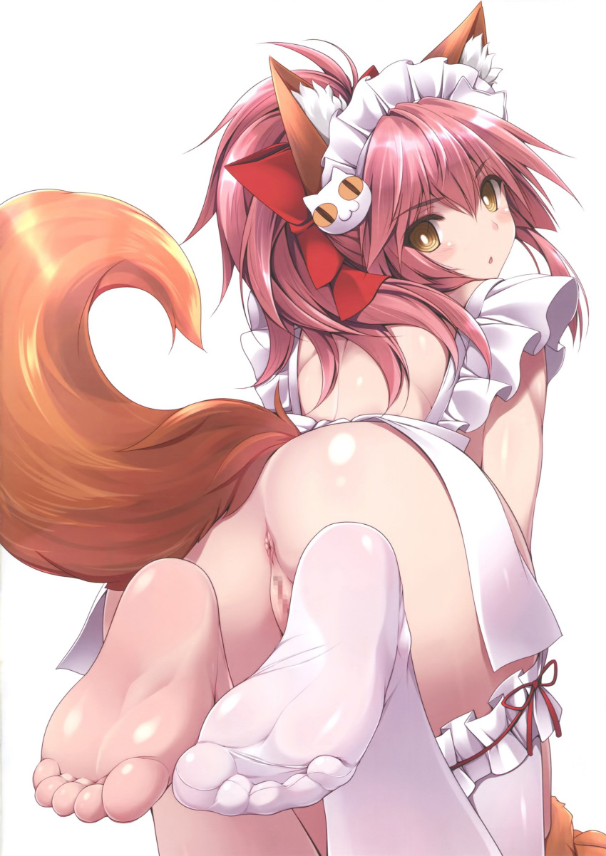 1girls :o @_@ absurdres all_fours animal_ears anthro anus apron ass barefoot blush bow bright_pupils cat_hair_ornament censored fate/grand_order fate_(series) feet female fox_ears fox_tail gloves hair_ornament hairbow highres labia looking_at_viewer looking_back maid_headdress mosaic_censoring naked_apron naturalton open_mouth paw_gloves pink_hair ponytail pov_feet presenting_feet pussy ringed_eyes shiny shiny_hair shiny_skin single_thighhigh smile soles solo tail tamamo_cat tamamo_no_mae_(fate) thighhighs tied_hair toes twisted_neck yellow_eyes