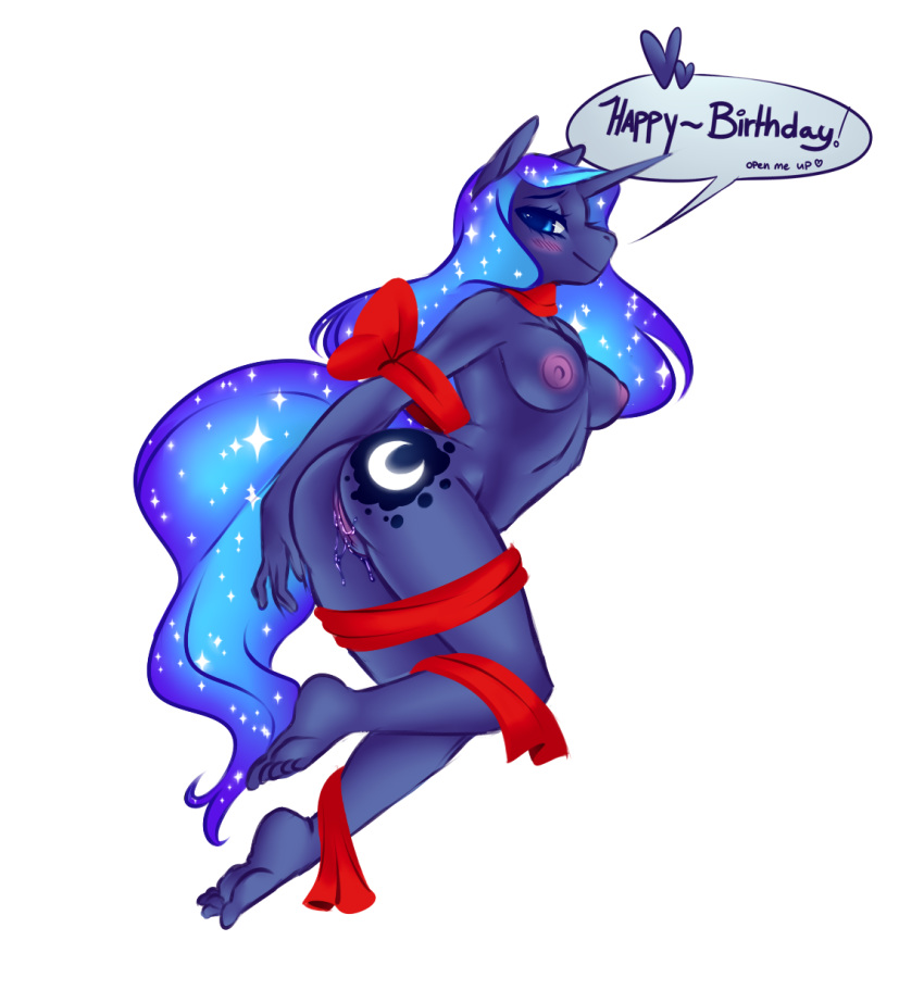 ! alpha_channel anthro anthrofied areola ass barefoot bedroom_eyes blue_eyes blue_hair blush breasts cutie_mark english_text equine female friendship_is_magic gift_wrapped hair half-closed_eyes heart horn kronilix long_hair looking_at_viewer mammal my_little_pony nipples princess_luna_(mlp) pussy pussy_juice seductive solo text toes transparent_background unicorn