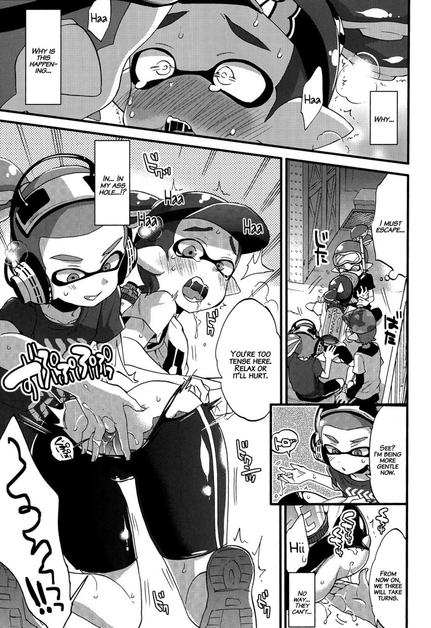 anal anthro cephalopod cephalopod_humanoid clothing comic english_text group humanoid inkling inkling_boy male male_only mammal marine mask mask_(marking) monochrome morishima_kon nintendo pointy_ears sex splatoon squid tentacle tentacle_hair text video_games yaoi