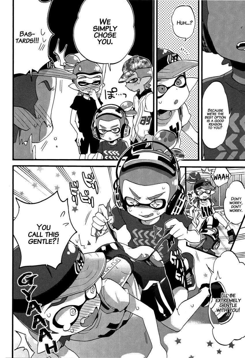 anthro cephalopod cephalopod_humanoid clothing comic english_text group humanoid inkling inkling_boy male male_only mammal marine mask mask_(marking) monochrome morishima_kon nintendo pointy_ears splatoon squid tentacle tentacle_hair text video_games yaoi