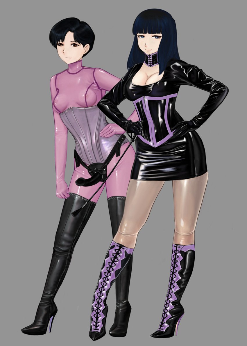 2d 2d_(artwork) 2girls black_bodice black_boots black_dildo black_hair blue_eyes bodice bodysuit bondage boots brown_eyes calf_boots choker clothed_female contrapposto corset dildo femdom full-length_portrait full_length grey_background hand_on_hip hi_res high_heel_boots high_heels highres komii latex leaning_forward long_hair miniskirt multiple_girls nipples pink_bodysuit portrait purple_boots riding_crop see-through short_hair silver_corset simple_background skin_tight skirt standing strap-on thigh_boots