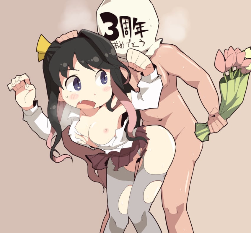 1boy :o arched_back arms_up black_hair blue_eyes blush bouquet breath cute_fang dokan_(dkn) female flower grey_legwear hand_on_another's_head kantai_collection knees_together_feet_apart looking_back multicolored_hair naganami_(kantai_collection) navel panties panties_aside pantyhose pink_hair sex shirt sin_sack skirt sweat sweatdrop text torn_clothes torn_pantyhose torn_shirt torn_skirt translation_request tulip two_tone_hair underwear white_panties