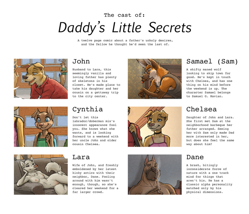 2016 adam_wan anthro breasts canine chelsea_(zaush) cigarette clothing comic cynthia_(zaush) daddy's_little_secrets dane_(zaush) english_text female great_dane john_(zaush) lara_(zaush) male mammal nipples nude sofa text wolf