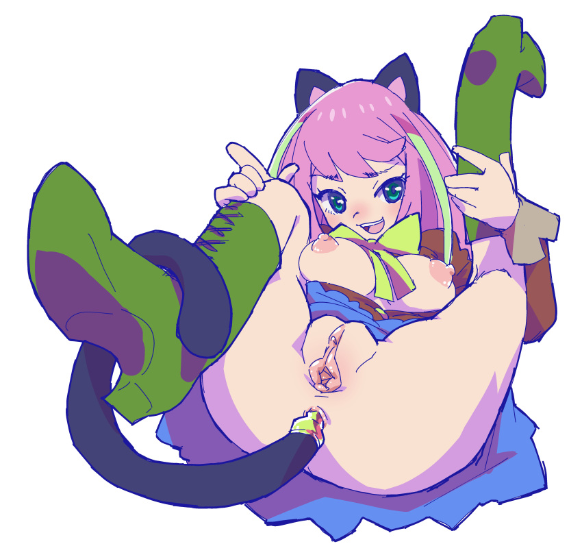 buttplug cat_ears female futaba_channel hashimoto_nyaa holding_legs img open_clothes open_shirt osomatsu-san pink_hair shoes spread_legs tail tail_plug