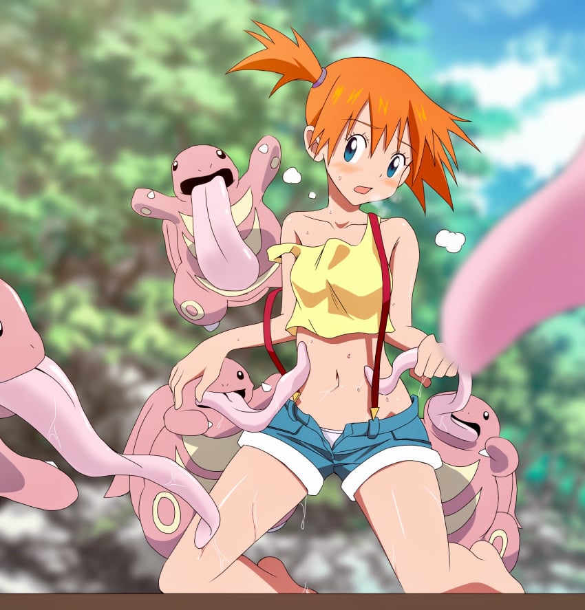 1girls abs ambiguous_gender artist_request belly blue_eyes blush breasts female feral heavy_breathing human imminent_rape kasumi_(pokemon) kneeling larger_female licking lickitung long_tongue midriff navel nintendo open_mouth oral orange_hair pink_skin pokemon pokemon_rgby pokephilia rape red_hair saliva shirt shorts size_difference slime small_breasts source_request tank_top tongue tongue_out wet