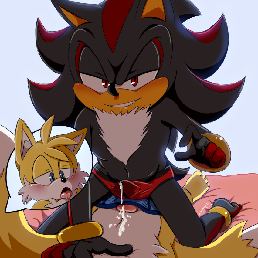 anthro bluechika canine clothing cum_in_underwear duo fox frottage hedgehog hi_res male mammal sex shadow_the_hedgehog sonic_(series) tails underwear yaoi