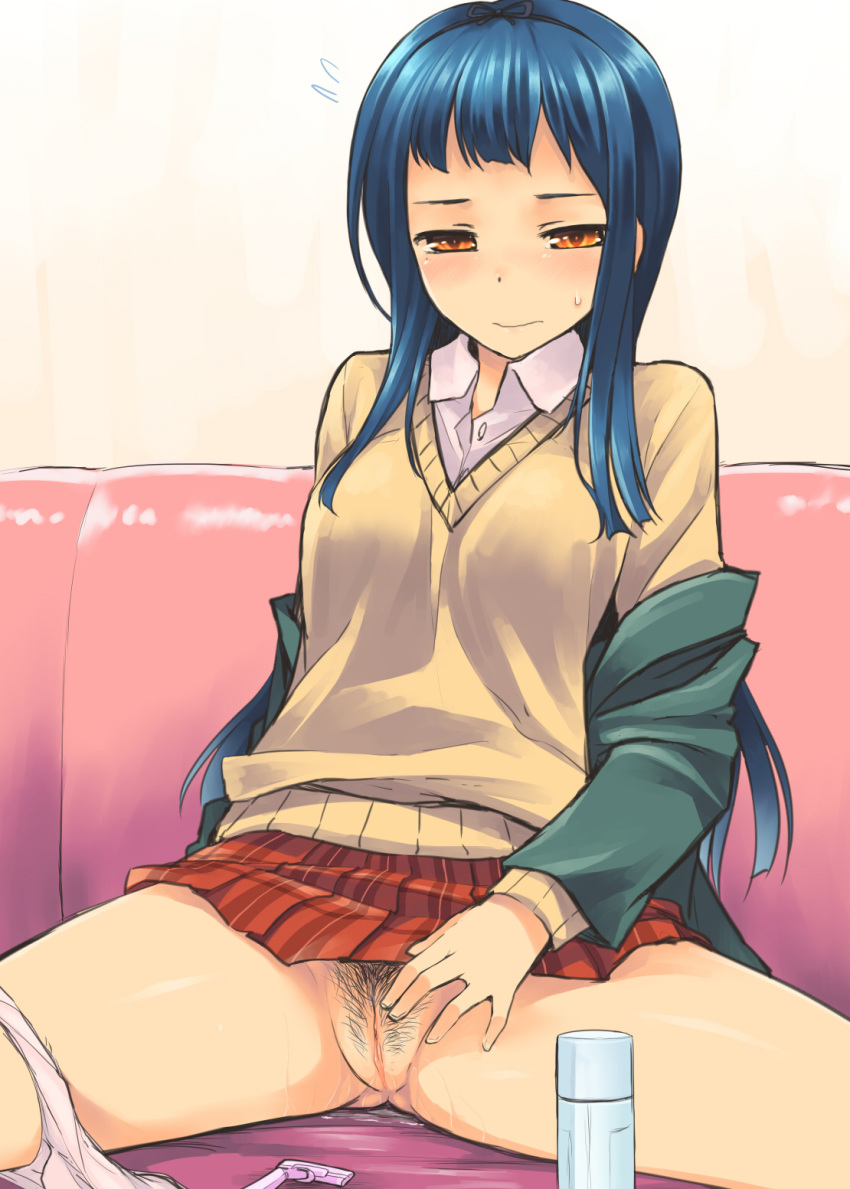 aaru_(tenrake_chaya) blue_hair blush couch female flying_sweatdrops highres jacket orange_eyes panties panties_around_leg pubic_hair pussy pussy_juice razor school_uniform sitting skirt solo spread_legs sweatdrop sweater tendouji_musubi tokyo_7th_sisters uncensored underwear