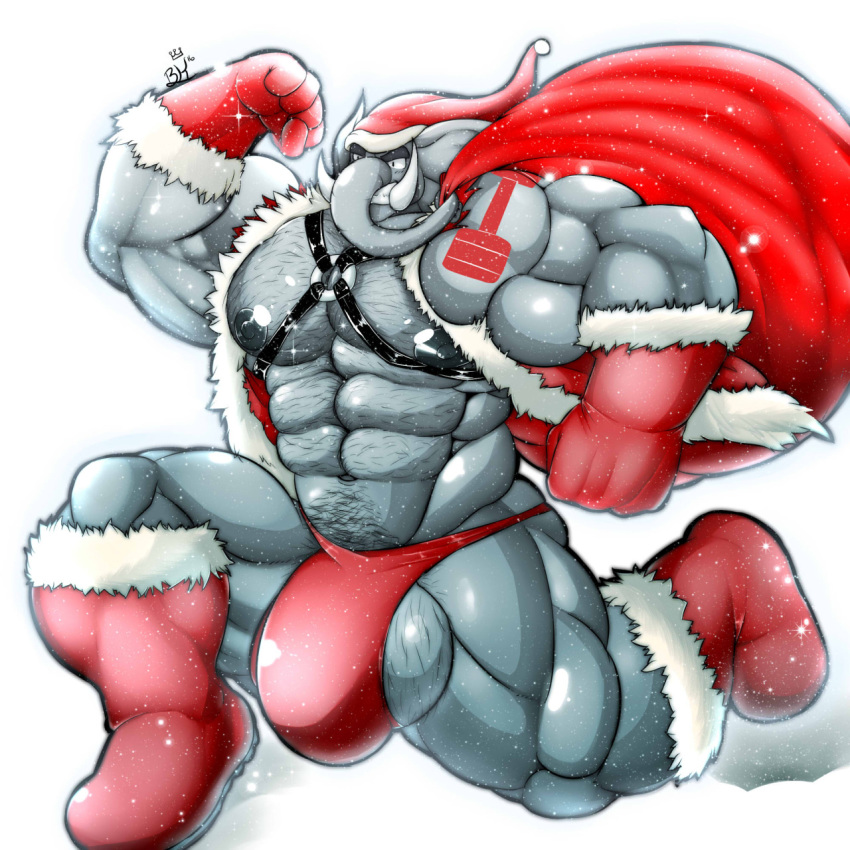 1boy abs animal_genitalia anthro baconking balls belly biceps black_eyes body_hair bondage bondage_gear bound bulge chest_hair christmas clenched_teeth clothing coat elephant erection footwear gloves grin hair hat headgear holidays male male_only mammal manly mature_male muscular muscular_male nipples pecs running sack santa_claus shoes simple_background snow solo tattoo teeth thong trunk tusks underwear