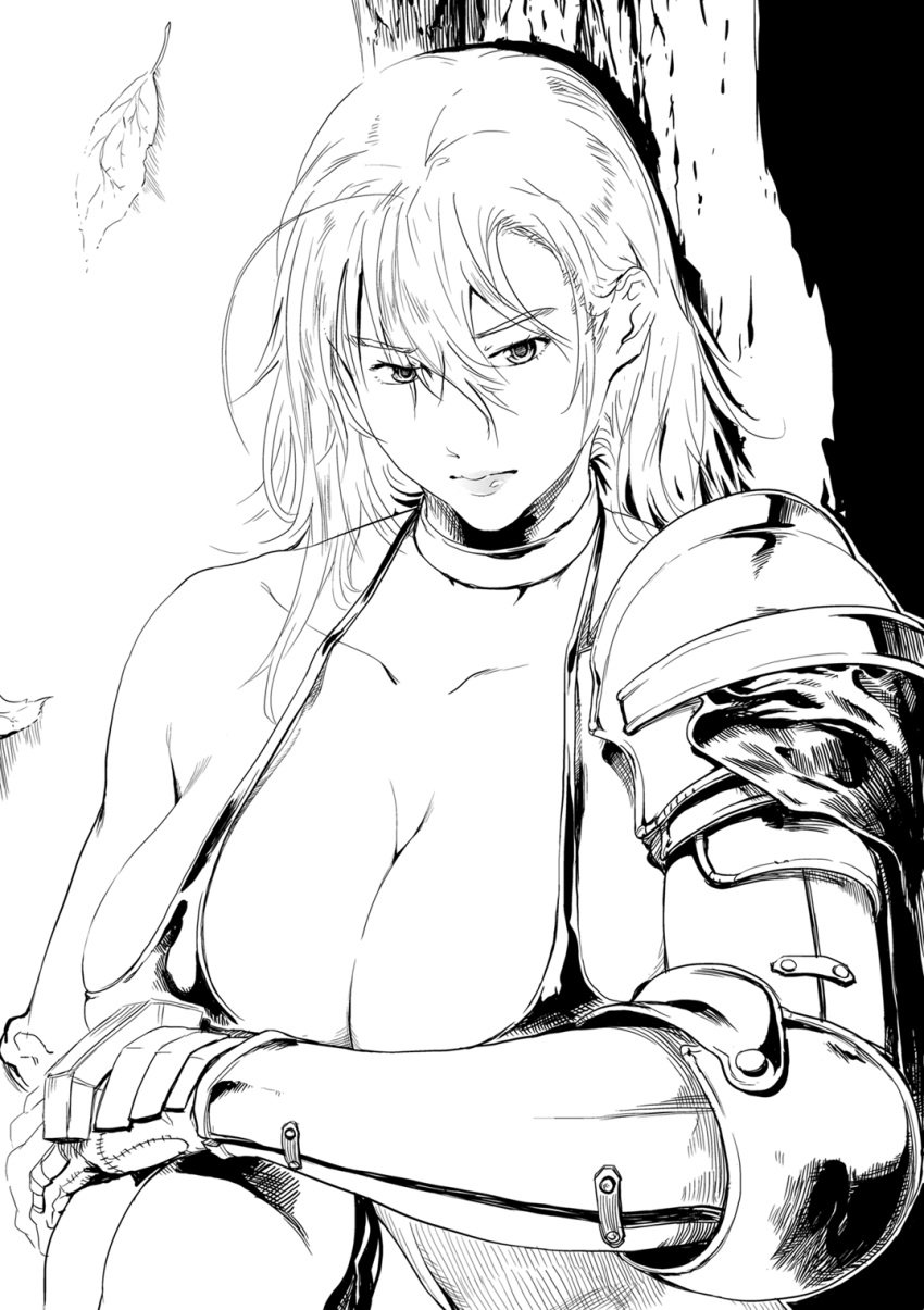 bikini_armor breasts collar collarbone cowter female gauntlets greyscale highres huge_breasts kurofudo leaf lips medieval_armour monochrome solo spaulders tree