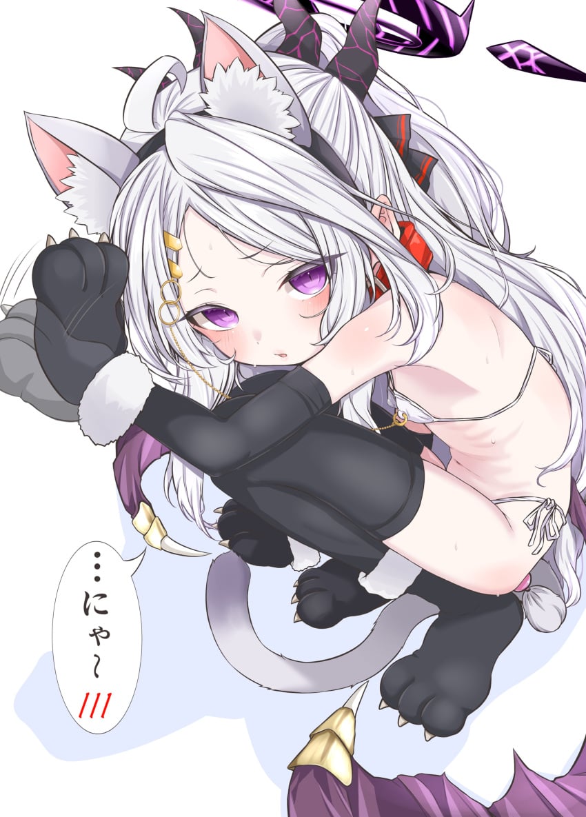 1girl absurdres ahoge anal anal_object_insertion anal_tail animal_ear_fluff animal_ear_hairband animal_ears animal_hands bikini black_gloves black_halo black_horns black_thighhighs blue_archive blush breasts cat_ear_hairband cat_ears cat_girl cat_paws cat_tail commentary demon_girl demon_horns demon_wings elbow_gloves fake_animal_ears fake_tail from_side full_moon gloves hair_ornament hairband hairclip halo highres hina_(blue_archive) horns kokechan long_hair looking_at_viewer low_wings micro_bikini moon multiple_horns object_insertion open_mouth parallel_hairclips parted_bangs ponytail purple_eyes purple_halo purple_wings simple_background skinny small_breasts solo squatting string_bikini swimsuit tail thighhighs translation_request very_long_hair white_background white_bikini white_hair wings