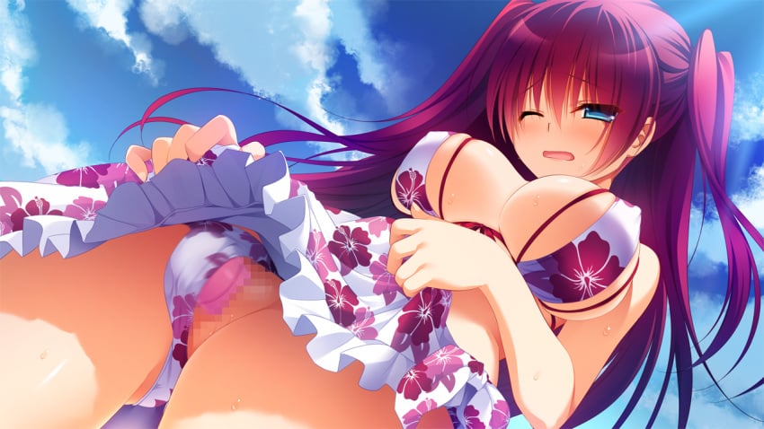 ayashiro_kagari bikini censored cleavage covered_nipples erect_nipples front_wing game_cg hair masturbation nanaca_mai panty_pull pussy skirt skirt_lift swimsuit vibrator