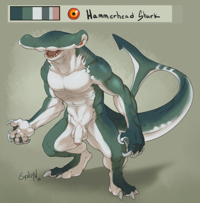 1boy 2015 anthro balls biceps big_muscles big_penis claws david explicital fin fish flaccid front_view full-length_portrait full_length gills hammerhead_shark humanoid_penis long_tail looking_at_viewer male male_only marine muscles nude orange_eyes partially_retracted_foreskin pecs penis plain_background portrait pose scar shark sharp_teeth simple_background solo standing teeth toned uncut vein veiny_penis yellow_eyes