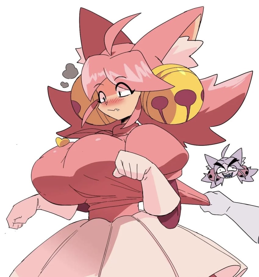 2girls big_boobs big_breasts boobs breasts catgirl clothed deltarune embarrassed glitchlord8391 irritable_ghost_(deltarune) mad_mew_mew massive_tits mew_mew_(undertale) nice_tits pink_(deltarune) pink_hair pulling pulling_clothing skin_tight tits titties undertale_(series) yuri