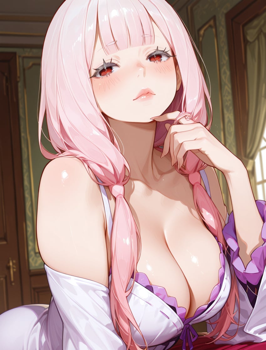 1girl ai_generated arlequin097 bare_shoulders bedroom blunt_bangs blush breasts carmilla_(re:zero) cleavage closed_mouth collarbone curtains detached_sleeves dress fingernails frills hair_twirling indoors large_breasts lips long_hair long_sleeves looking_at_viewer low_twintails nightgown patreon_username pink_hair pink_lips playing_with_own_hair re:zero_kara_hajimeru_isekai_seikatsu red_eyes solo twintails white_dress
