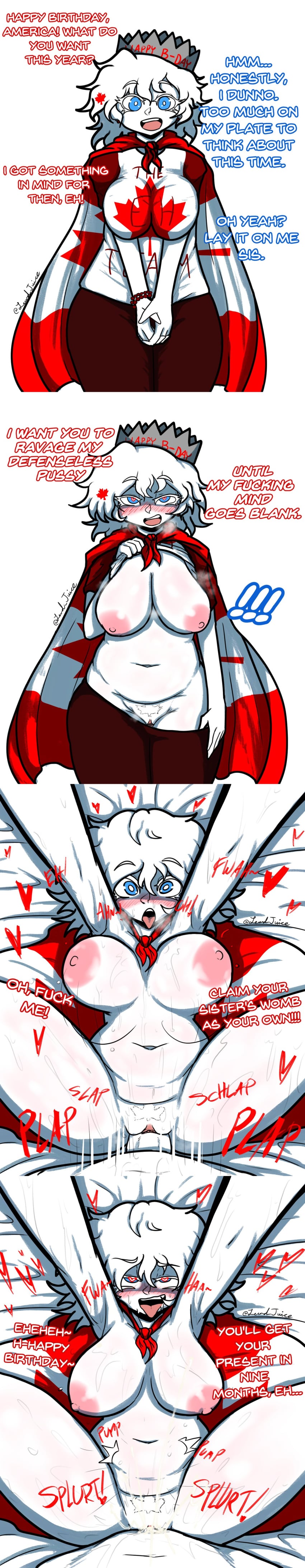 !!! 1boy 1girls america_(egobuzz) arms_up big_breasts blue_eyes blush bracelet breasts breath canada_(egobuzz) cape cape_only clothed clothed_female clothed_male clothing color comic countryhumans countryhumans_girl countrypersons crown cum cum_in_pussy cum_inside dialogue dirty_talk dominant_male english_text eyes_rolling_back female female_focus femsub fourth_of_july fully_clothed hat heart heart-shaped_pupils hetero human human_only incest lewd_juice long_image looking_at_viewer male male_pov maledom messy_hair missionary_position naked naked_female naked_male national_personification nipples on_back on_bed onomatopoeia open_eyes open_mouth open_smile pants pants_down penis pov pubic_hair pussy sex shirt shirt_up shirt_up_pants_down shoulder_length_hair simple_background smile spread_legs standing straight submissive_female sweat sweatdrop talking_to_viewer text thick_thighs thighs tongue tongue_out twitter_link vaginal_penetration vaginal_sex white_background white_body white_hair white_skin wide_hips