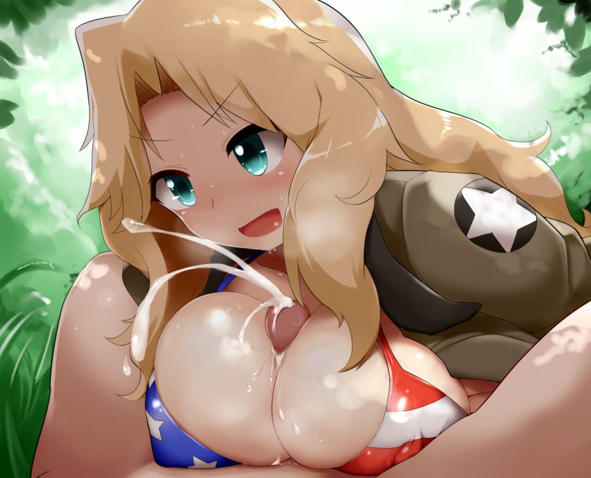 1boy 1girls american_flag american_flag_bikini aqua_eyes bikini blonde_hair breasts cleavage cum ejaculation female flag_print girls_und_panzer hair_intakes kay_(girls_und_panzer) large_breasts light-skinned_female light-skinned_male light_skin long_hair mizuyan paizuri penis solo_focus swimsuit uncensored