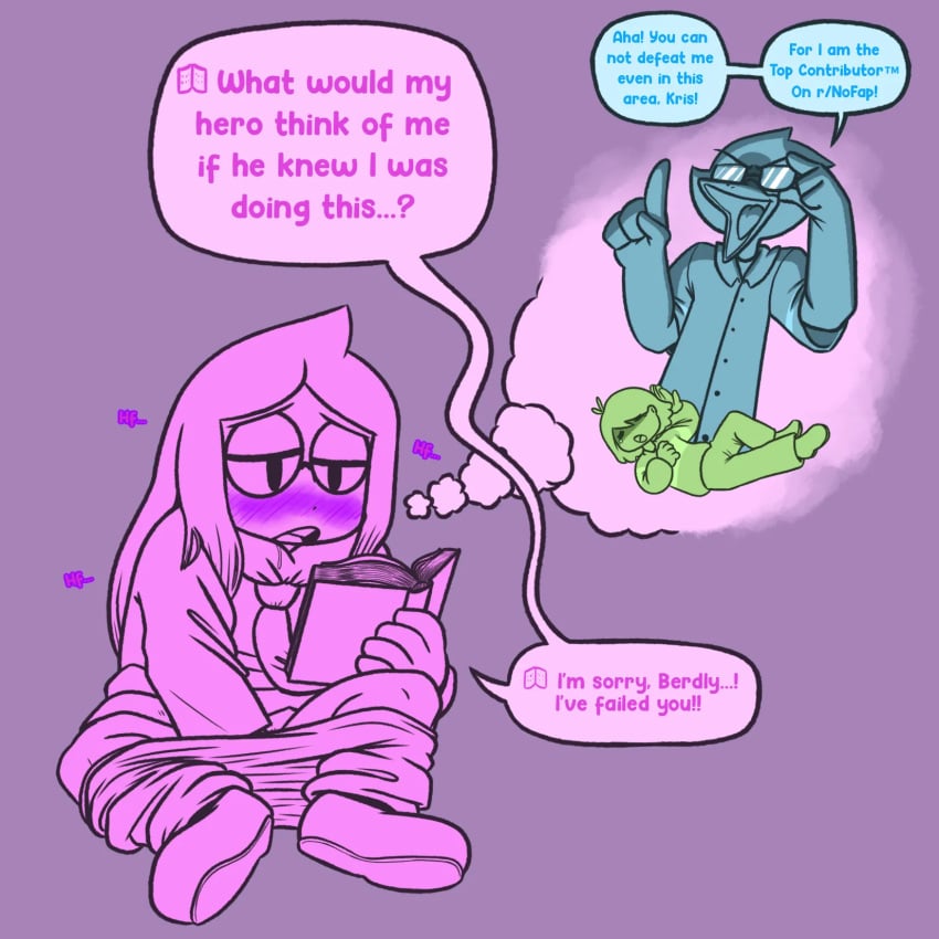 1boy 1other berdly blue_body bluesky_link book clothed clothing color deltarune deltarune_chapter_5 dialogue english_text fuggslugg funny glasses half-closed_eyes human humor kris_(deltarune) male masturbation no_fap_september nofap open_eyes open_mouth pants partially_clothed purple_body purple_hair purple_skin seth_(deltarune) shirt simple_background sitting spread_legs text tie