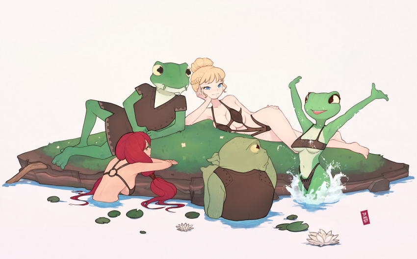 2boys 34no404 3girls bikini blonde_hair breasts dungeons_and_dragons frog furry hair multiple_boys on_side partially_submerged red_hair smile water