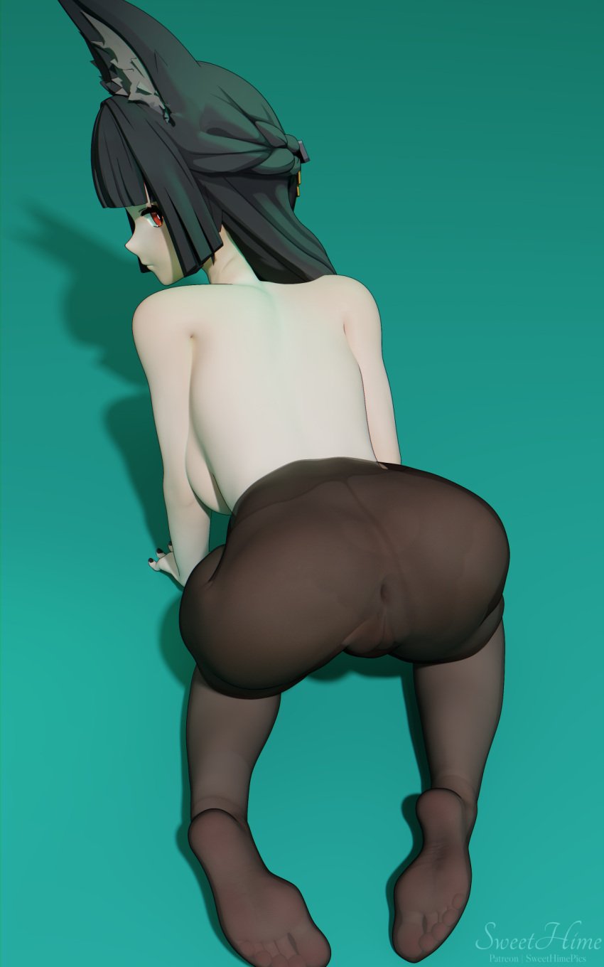 1girls 3d amber_eyes arched_back dark_hair fox_ears hime_cut hoshimi_miyabi hoyoverse looking_back mihoyo presenting presenting_hindquarters see-through see-through_clothing sideboob simple_background solo stockings sweethime zenless_zone_zero