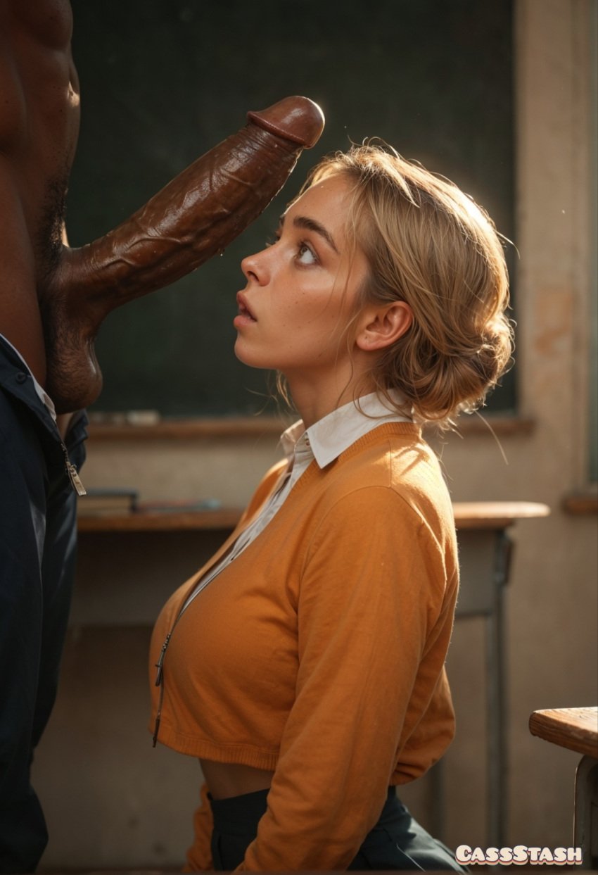 ai_generated cassstash classroom dark-skinned_male imminent_fellatio imminent_oral interracial large_penis penis_awe penis_out shocked_expression student unzipped_pants veiny_penis