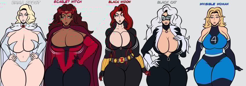 5girls big_breasts black_cat_(marvel) black_widow_(marvel) blonde_hair blue_eyes blueartfiend breast_chart breast_size_comparison breasts breasts brown_hair catsuit dark-skinned_female emma_frost felicia_hardy female green_eyes huge_breasts invisible_woman large_breasts leather light-skinned_female marvel marvel_comics natasha_romanoff red_hair scarlet_witch sleeveless sue_storm thick_thighs thighs wanda_maximoff white_hair white_queen