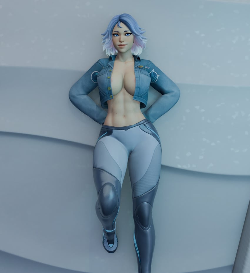 1girls abdominals abs big_breasts big_hips blue_eyes blue_hair bright_hair female female_focus female_only fortnite fortnite:_battle_royale hands_behind_back jacket jacket_open jean_jacket lightrider_(fortnite) looking_at_viewer pants perete sexy short_hair smiling smiling_at_viewer sport_clothes thick thick_thighs wet wet_body wet_breasts wet_skin