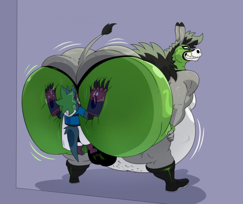 2025 anthro asinus ass balls belly bent_over big_belly big_butt boots butt_press clenched_teeth clothing donkey duo eddie_(reagan700) equid equine fan_character footwear fur genitals gloves hair hand_on_leg hand_on_thigh handwear hi_res male mammal mask obese obese_anthro obese_male overweight overweight_anthro overweight_male pinned pinned_to_wall presenting presenting_hindquarters raised_tail reagan700 rear_view shit_eating_grin shoes size_difference smile sports_mask sportswear tail tail_tuft teeth tuft wrestling_mask