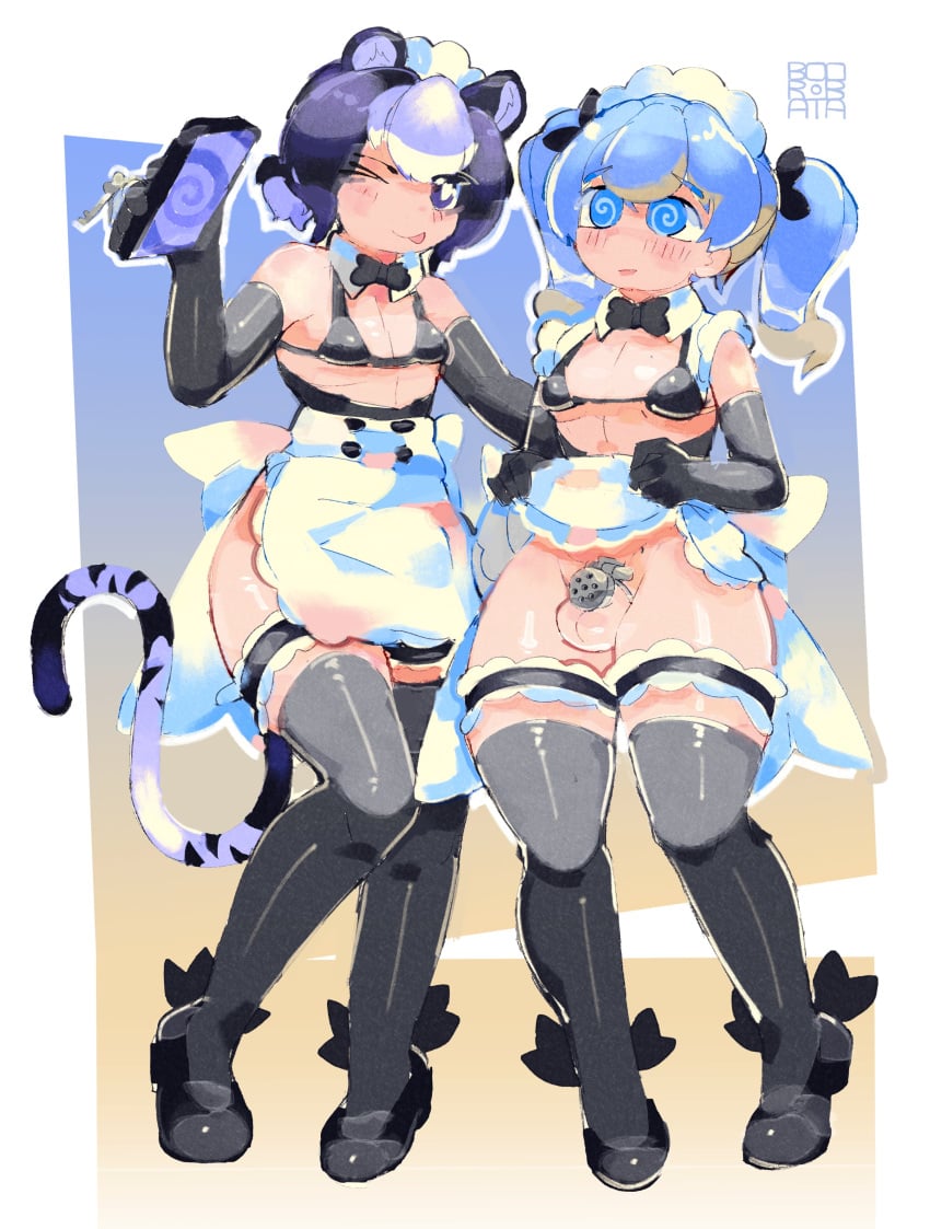 2024 2boys :p ;) @_@ absurd_res armwear artist_signature blue_eyes blue_hair boobataro chastity_cage chastity_device flat_chastity_cage hi_res hypnosis latex legwear maid_outfit male male/male male_only mind_control one_eye_closed purple_eyes purple_hair skirt_lift skirt_lifted_by_self tail twintails wink