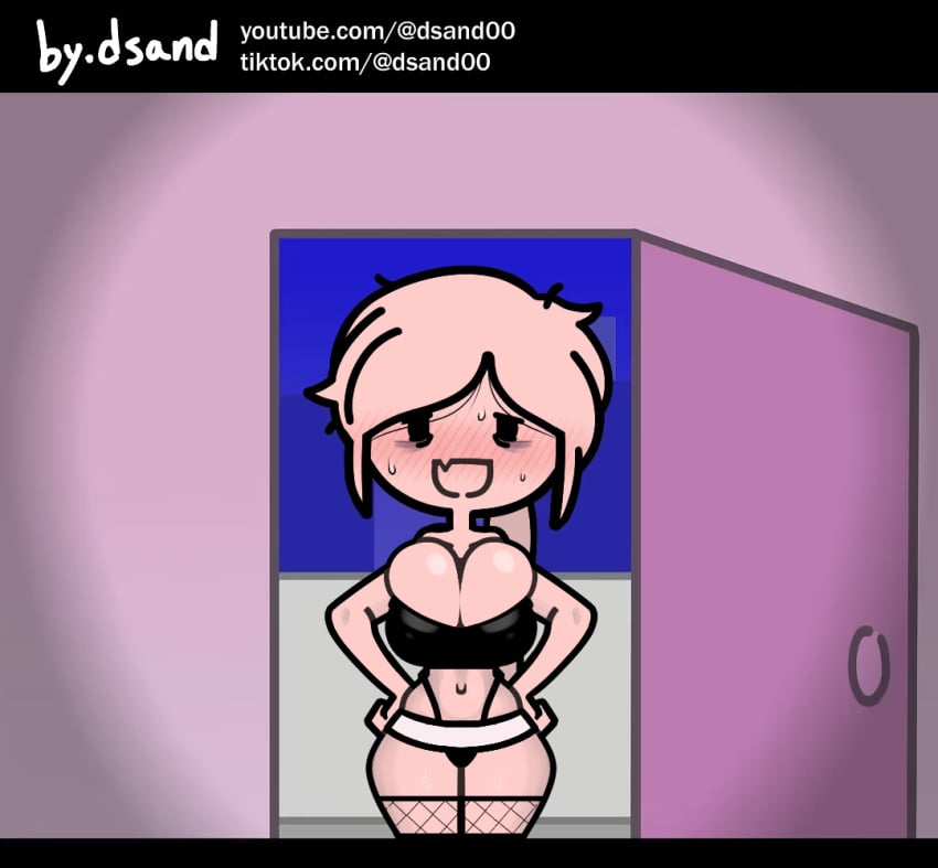 black_eyes blonde_hair blush bra breasts chibi cleavage clothing door doorway english_language english_text female fishnet_legwear fishnet_thighhighs fishnets full-face_blush hands_on_hips hands_on_own_hips large_breasts looking_at_viewer my_ghost_friend navel oerba_yun_fang open_mouth pink_hair ponytail smile solo steca sweat text thelazyart thighhighs underwear