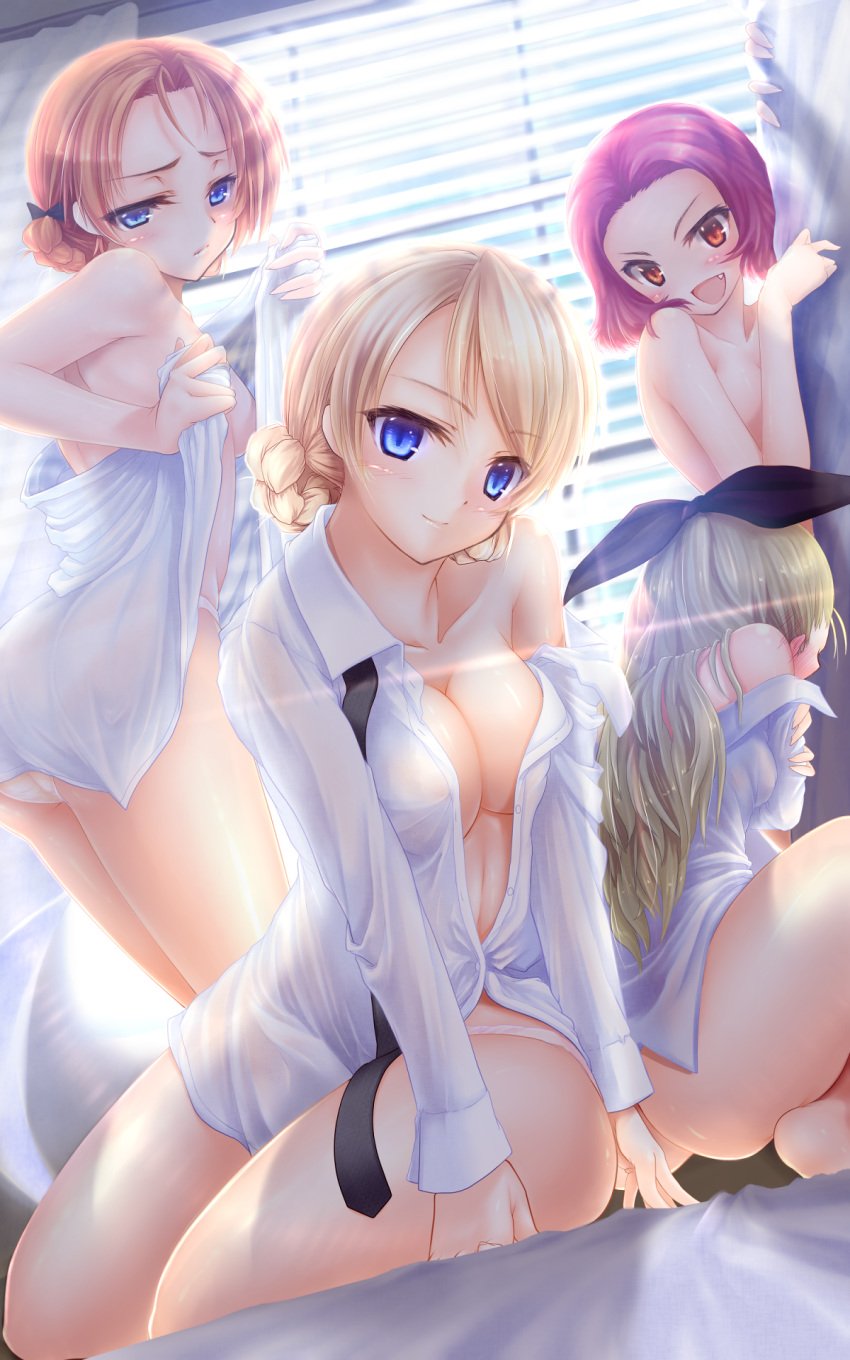 4girls :d ass assam barefoot bed_sheet blonde_hair blue_eyes blush blush_stickers bow braid breasts brown_eyes cleavage curtains cute_fang darjeeling embarrassed from_behind girls_und_panzer gizensha hair_ribbon hairbow highres long_hair looking_at_viewer multiple_girls necktie no_bra off_shoulder open_clothes open_mouth open_shirt orange_hair orange_pekoe panties purple_hair ribbon rosehip shiny shiny_skin shirt short_hair sideboob smile squatting sunlight tied_hair underwear white_panties white_shirt window