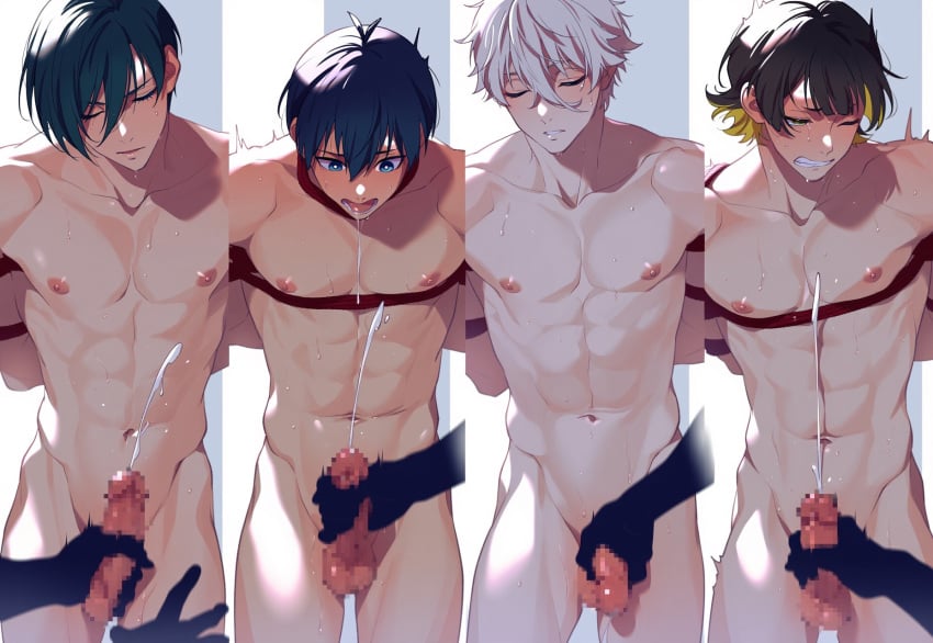 !! 4boys ?! bachira_meguru black_hair blue_hair blue_lock cum cumshot football green_hair isagi_yoichi itoshiki_rin jerking jerkingoff male_only moan nagi_seishiro soccer white_hair white_skin