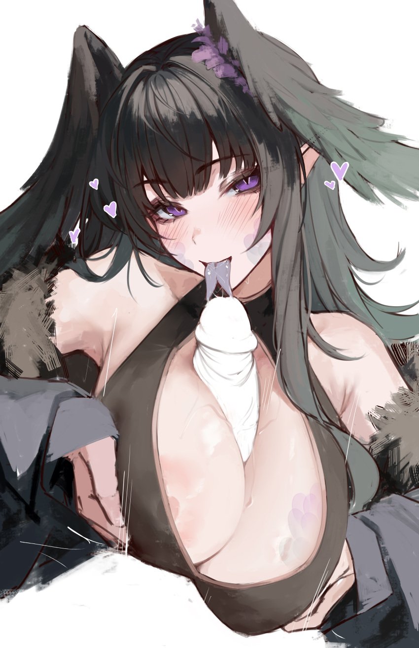 1boy absurdres bare_shoulders black_hair black_wings blush breasts character_request copyright_request erection female forked_tongue head_wings heart highres large_breasts long_hair long_sleeves looking_at_viewer naokomama nipples paizuri penis pointy_ears pov purple_eyes solo_focus straight tongue tongue_out uncensored wings