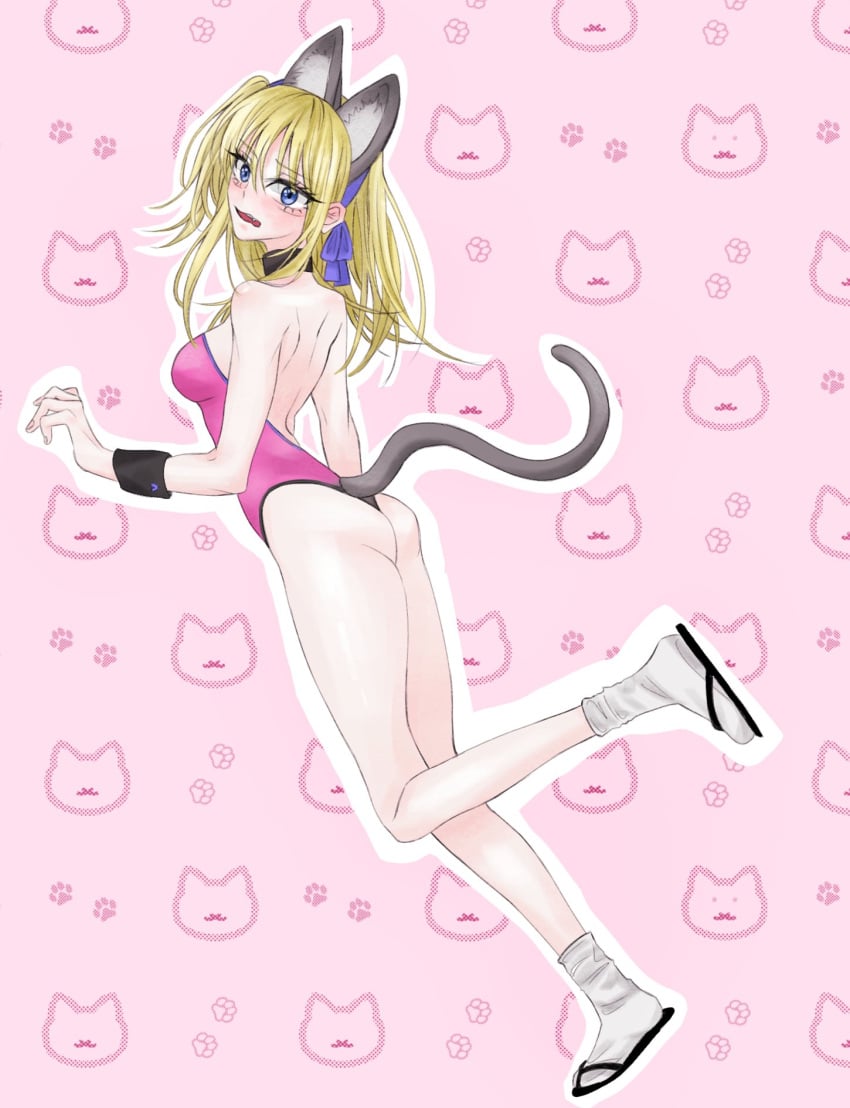 alternate_costume ass blonde_hair blue_eyes blush cat_ears cat_tail catgirl choker embarrassed female female_only full_body gintama kijima_matako leotard long_hair looking_at_viewer looking_back medium_breasts pale-skinned_female pale_skin pink_background pink_leotard sandals shinsukecat side_ponytail sideboob socks solo tabi