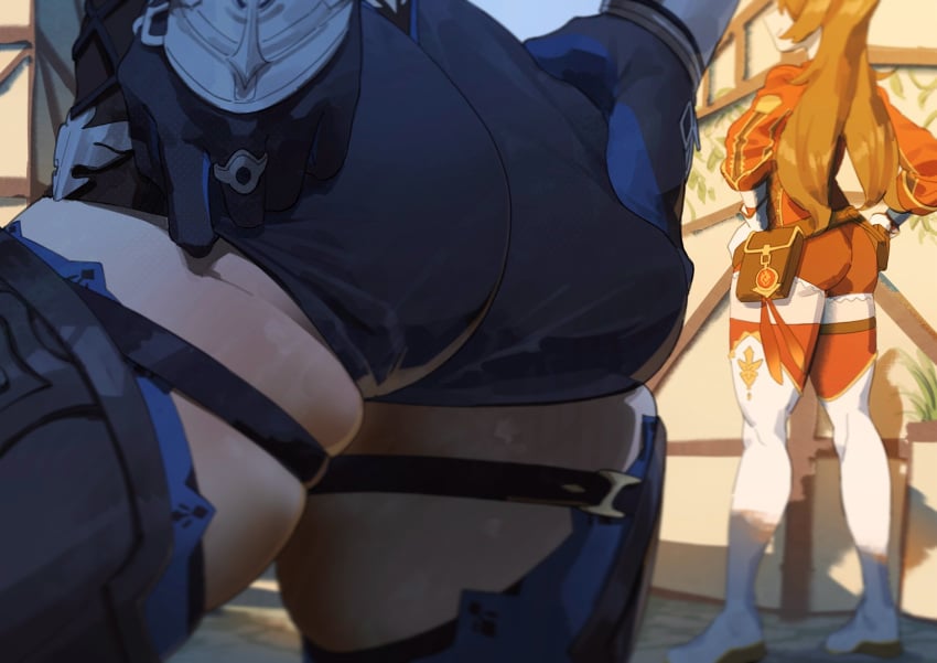2girls adjusting_clothes adjusting_leotard amber_(genshin_impact) ass ass_focus big_ass brown_hair eula_(genshin_impact) female female/female female_focus female_only genshin_impact gloves hand_on_butt huge_ass kuriki long_hair shorts tagme thick_thighs thighhighs tight_clothing