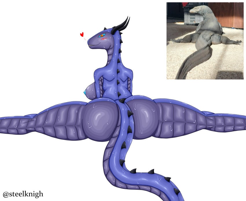 1girls ass_focus betty_the_komodo_dragon betty_the_monitor big_ass big_breasts big_butt black_betty_(meme) blue_body blue_nipples blue_skin blush blush furry horns lizard_girl long_tail looking_at_viewer meme oc orange_eyes original_character purple_body purple_skin reference_image reptile reptile_girl scalie scalie_female simple_background smiling split splits steelknigh sweat sweating sweaty sweaty_body sweaty_butt tail watermark