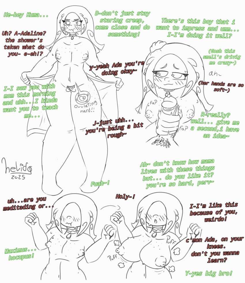 1boy 1girls adaline(helido24) big_breasts black_and_white blush breast_expansion brother_and_sister dialogue english_text flustered handjob helido24 incest incest_(lore) inminent_sex kuma(helido24) leaking_precum masturbating_other ovulation ovum ovum_with_heart penis_on_face pov shower showing_breasts showing_pussy small_breasts surprised towel towel_only
