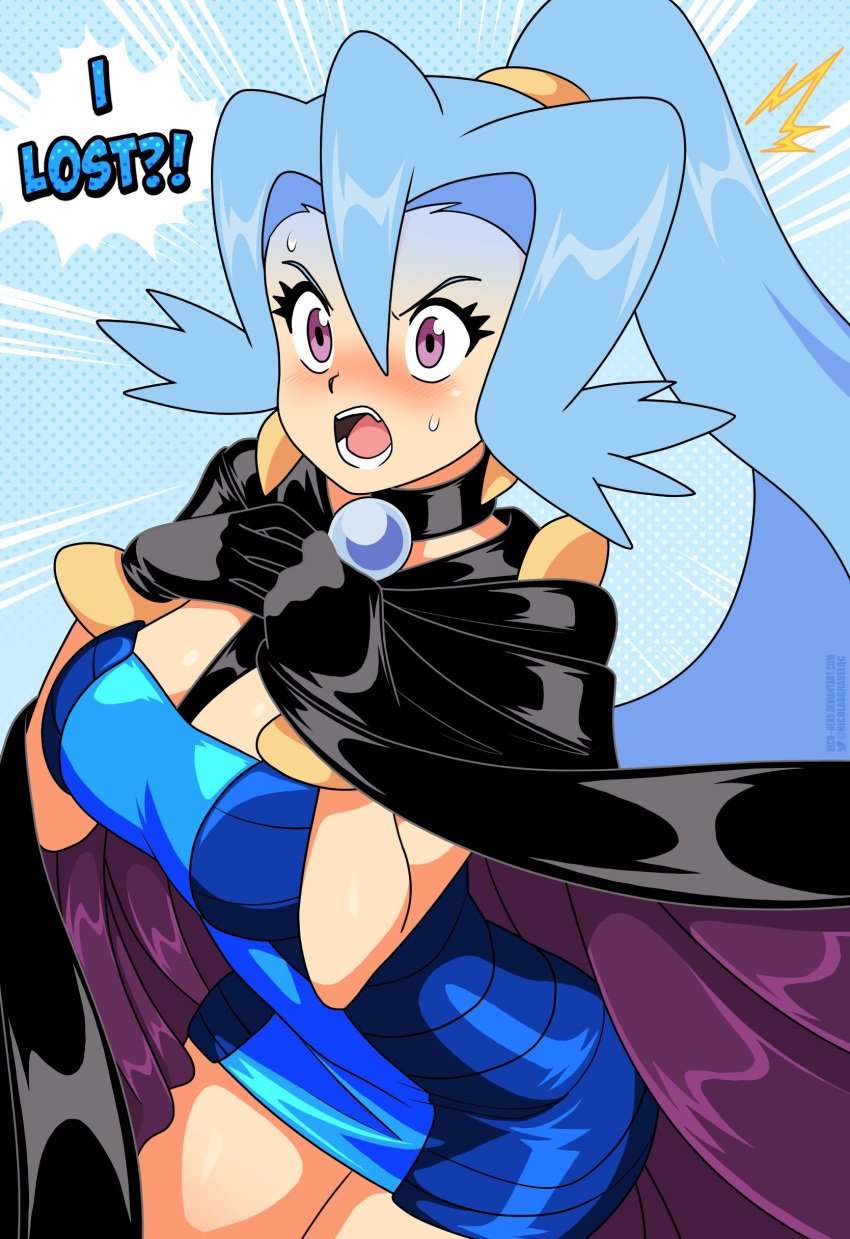1girls blue_dress blue_hair breasts cape clair_(pokemon) clair_(pokemon_gsc) cleavage dress english_text female large_breasts long_hair nicolasgravelqc nintendo open_mouth pokemon pokemon_gsc ponytail purple_eyes solo solo_female solo_focus sweat thighs tongue