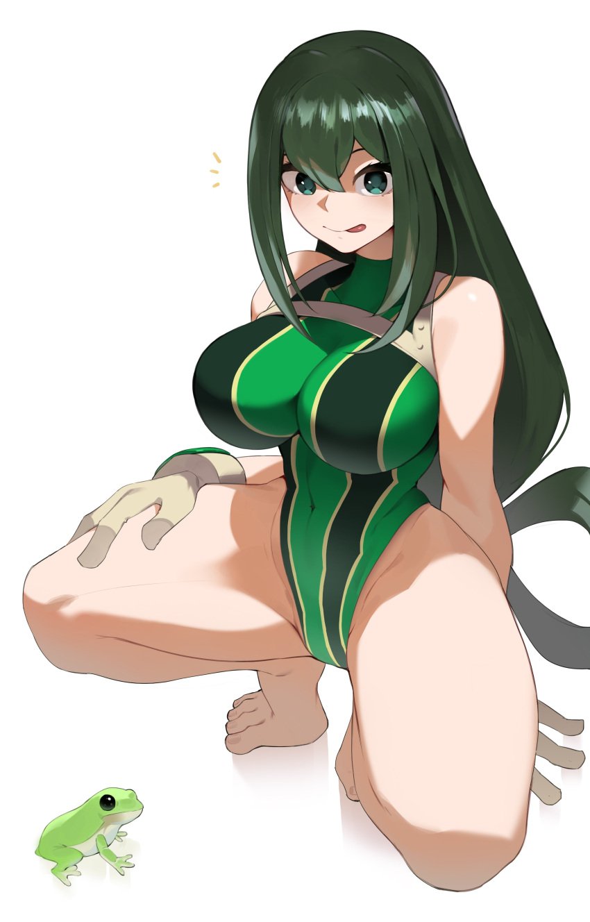 1girls absurdres asui_tsuyu bare_shoulders barefoot boku_no_hero_academia breasts commentary covered_navel female frog full_body gloves green_eyes green_hair green_leotard highres kopam large_breasts leotard my_hero_academia paid_reward_available simple_background squatting symbol-only_commentary tongue tongue_out tsuyu_asui white_background white_gloves