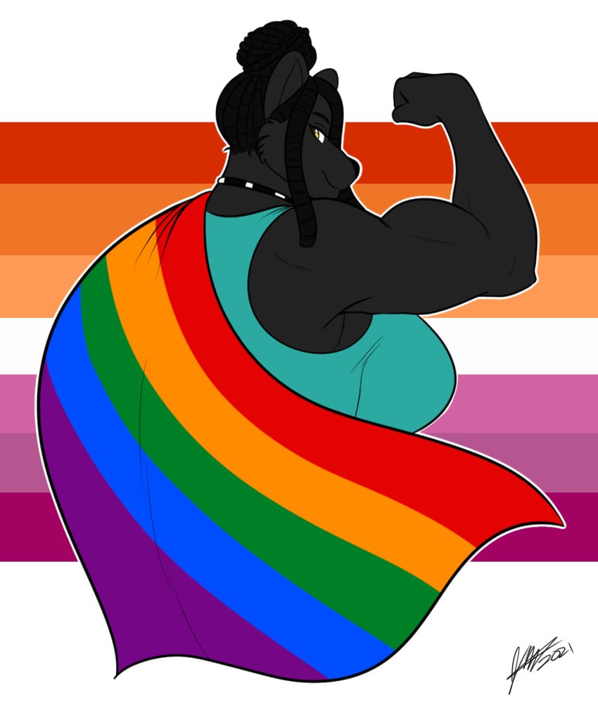 anthro artjwink black_body black_fur black_hair breasts choker dreads flag flexing flexing_arms flexing_bicep flexing_muscles furry furry_female jwinkz large_breasts lesbian_pride_colors looking_at_viewer muscular muscular_anthro muscular_female nailaa non-human panther pantherine pride_color_flag proud yellow_eyes yuri