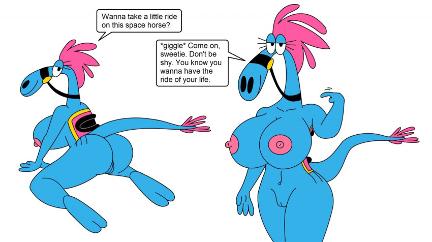 alien anthro areola ass big_breasts blue_body breasts english_text erect_nipples eyelashes female half-closed_eyes heavymetalrules looking_at_viewer looking_back nipples pussy saddle simple_background smile solo sylvia_(wander_over_yonder) text wander_over_yonder white_background zbornak