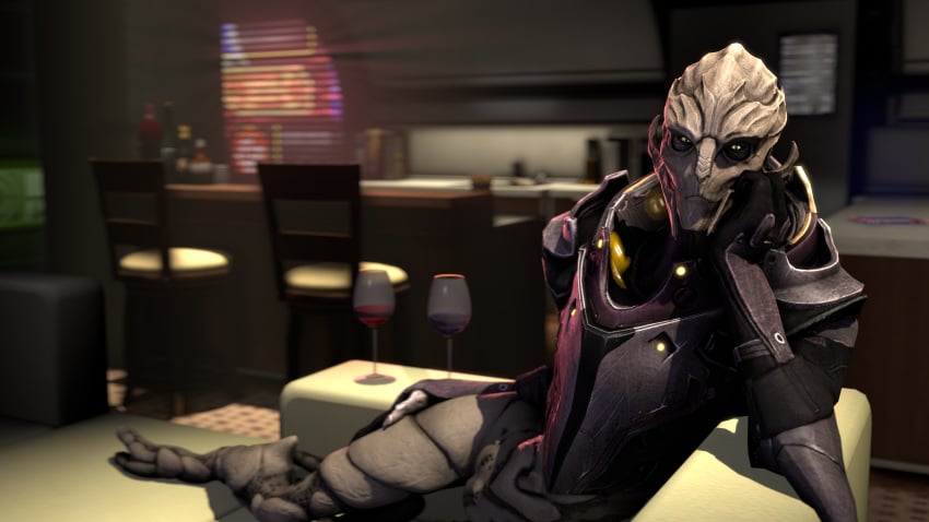 3d alcohol alien arm_support armor bar beverage bottomless chair clothed clothing female hand_on_thigh leaning_on_elbow looking_at_viewer lying mass_effect on_couch on_side partially_clothed pussy seductive solo source_filmmaker turian video_games voui wine wine_glass