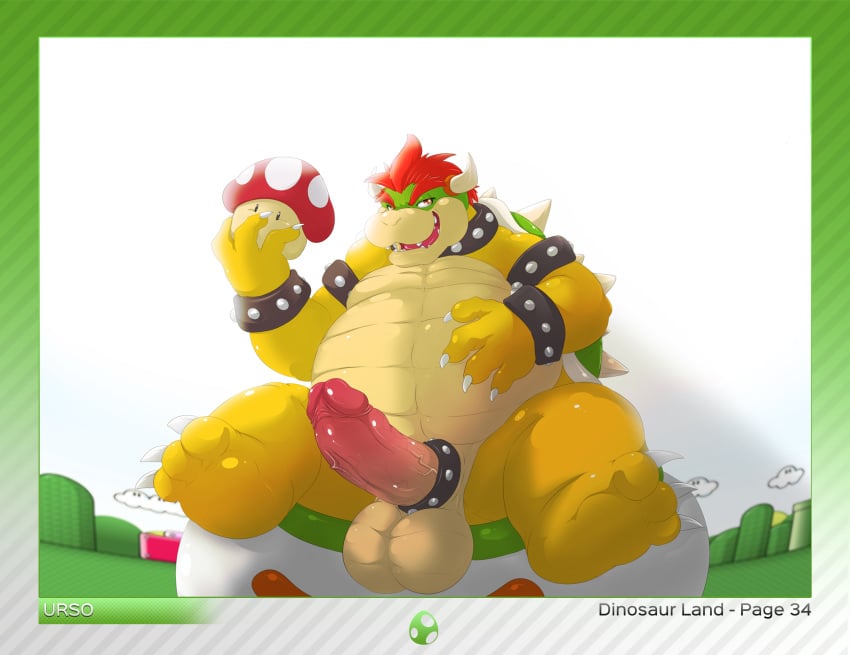 1boy 2016 3_toes 4_fingers absurd_res anthro balls big_balls border bowser bracelet circumcised claws cock_ring collar english_text erection hair half-closed_eyes hand_on_stomach hi_res holding_object humanoid_penis jewelry koopa_clown_car male male_only mario_(series) mushroom nintendo orange_scales outdoors outside overweight penis red_hair scales simple_background sitting smile smirk solo super_mario_bros. testicles text toes ursofofinho vein veiny_penis video_games white_background